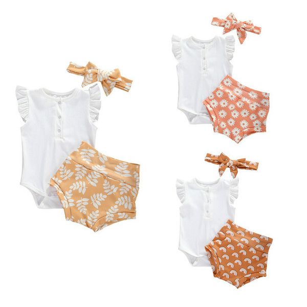 

3pcs cute cotton newborn baby girls clothes set ruffles sleeve soft romper +high waist print shorts+headband infant outfits, White