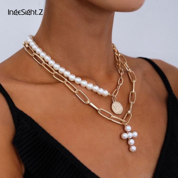 

ingesight.z multi layered imitation pearl cross choker necklaces collar carved coin portrait pendant necklaces for women jewelry, Silver