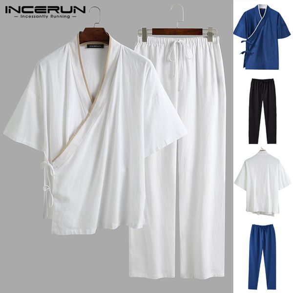 

incerun mens solid color комплекты vintage v образным вырезом с коротким рукавом узелок блуза хлопок drawstring штаны мужские повседневные к, Gray