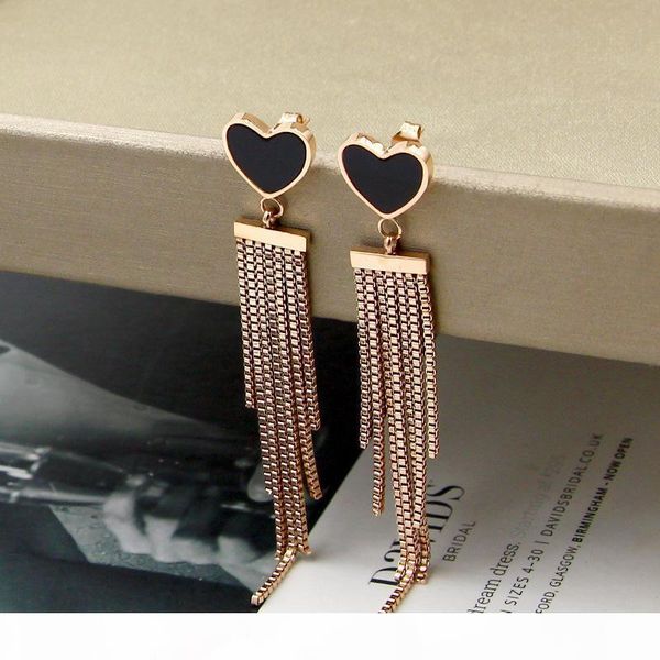 

d peach heart tassel earrings japan and south korea black heart box chain tassel rose gold earrings korean girl fashion heart -shaped e, Golden;silver
