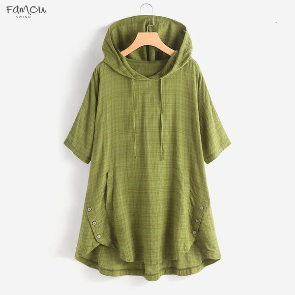 

2020 women plaid button hooded blouse female cotton high short low hem plus size shirt with pockets solid color blouse, White