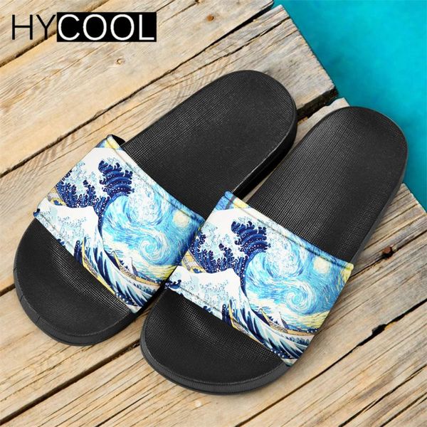 

hycool new women men slippers oil painting sea wave pattern 3d printing summer slide sandal boy girl casual beach outdoor shoes