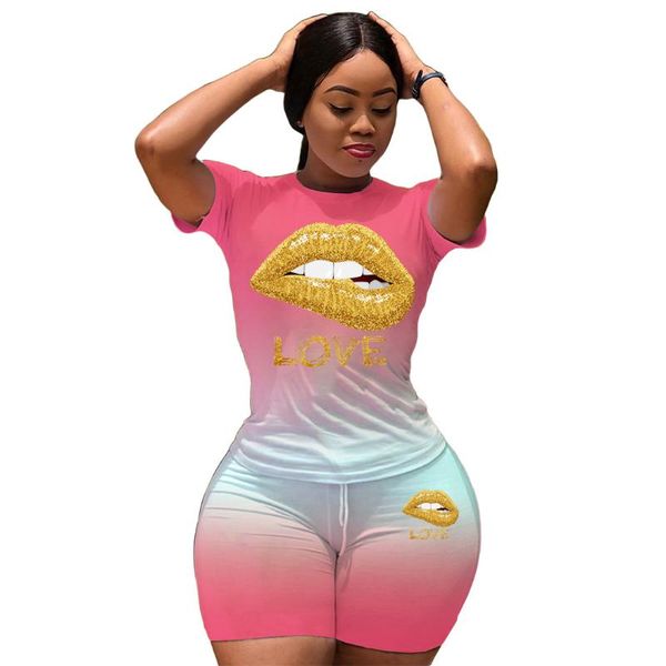 

women's tracksuits 2021 women 2 piece set summer clothes gradient mouth lip letter print t shirt and biker short casual plus size two o, Gray