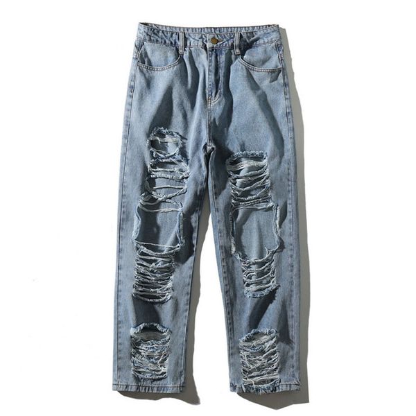 

mcikkny mens baggy ripped jeans pants washed hip hop denim trousers male streetwear straight, Blue
