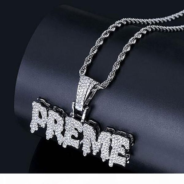 

l 14k gold plated hip hop letter preme pendant necklace mens micro pave cubic zirconia simulated diamonds with 24inch rope chain, Silver