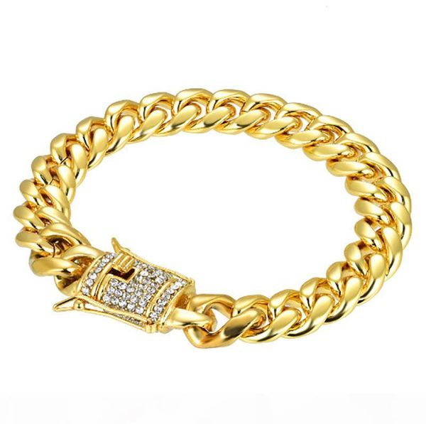 

y 14mm mens bracelets 18k gold silver plated tone stainless steel chain bracelet curb cuban link bracelet with diamond keylock hip hop, Black