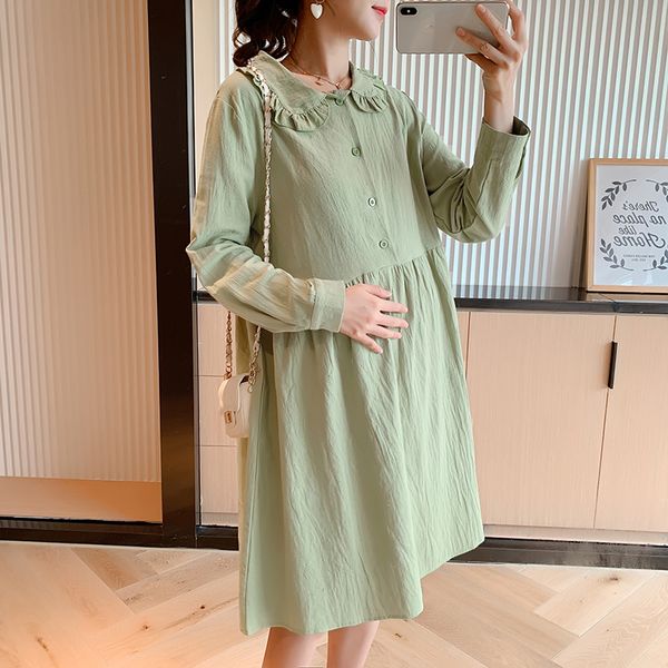 

a881# 2020 autumn korean fashion maternity dress long sleeve sweet cute clothes for pregnant women fall loose pregnancy clothing, White