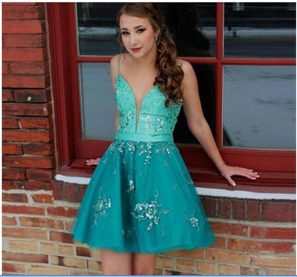 

v neck short homecoming dresses spaghetti with lace up short appliques beads cocktail party gowns special occasion dress 103, Red