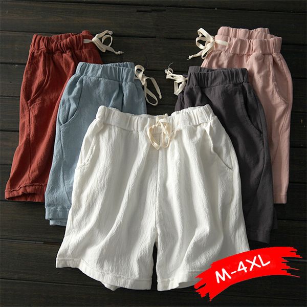 

women's shorts summer women cotton linen trousers feminino elastic wasit home loose casual plus size with pocket, White;black