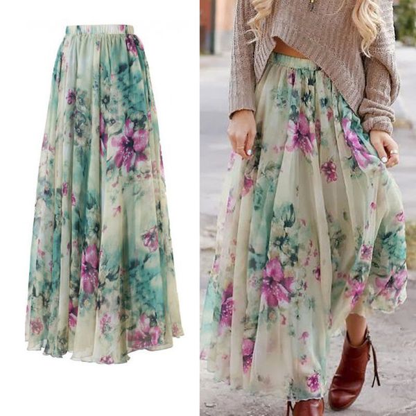 

2020 fashion boho women flower long skirt summer floral chiffon flared pleated skirt beach sunny skirts women summer clothing, Black