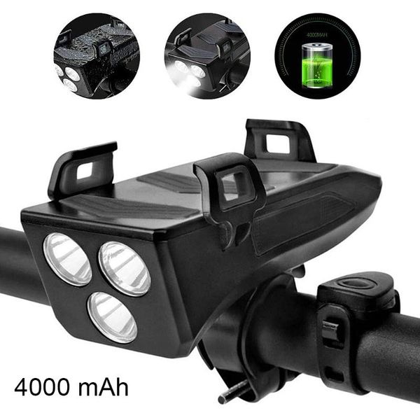 

4-in-1 bicycle front lamp led headlight smart phones stand horn power bank adjusted 3 lighting modes bike light