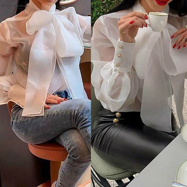 

women fashion lace mesh sheer see through long sleeve shirts lace up blouse bowknot transparent white shirt