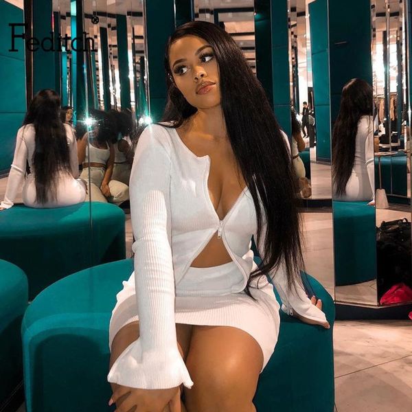 

feditch zipper two pieces set white and skirt summer women set dress party 2 piece women bodycon casual outfit