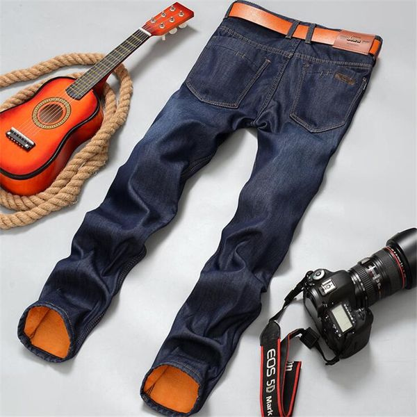 

brand new mens fleece lined jeans,fashion warm jeans autumn winter men jeans pants feet slim male pantalones vaqueros hombre, Blue