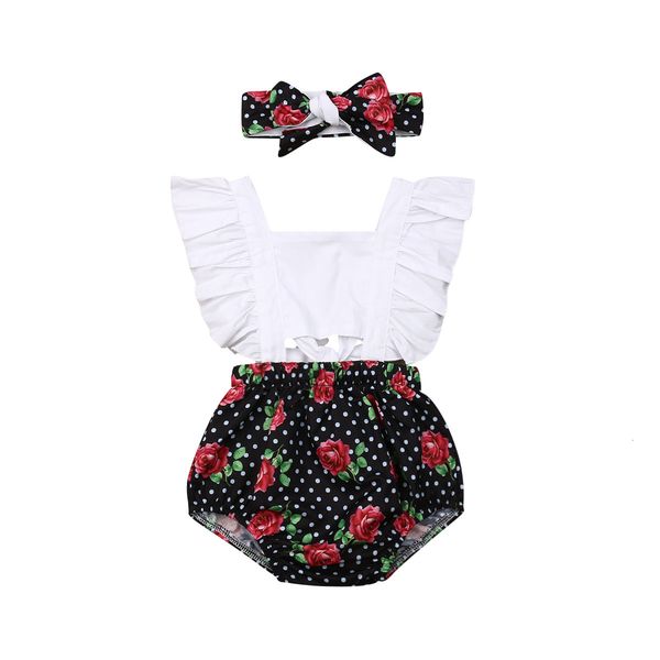 

0-24m newborn baby girls floral jumpsuit headband outfits ruffles short sleeve flowers print jumpsuits sunsuit clothes, Blue