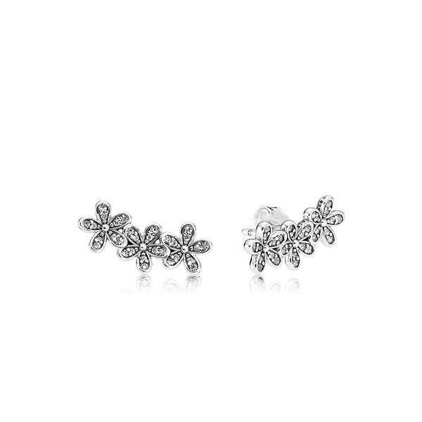 

authentic 925 sterling silver flowers earring with box logo signature with crystal for pandora jewelry stud earring women's earrings, Golden;silver
