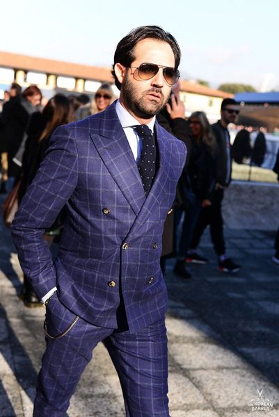 

2-piece plaid navy cotton blend double breasted formal party wear tuxedos business peaked lapel blazer suits custom made men suits, Black;gray