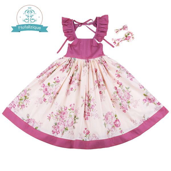 

flofallzique cotton vintage printed floral sweet kids clothes with tow bow clips party wedding casual cute girls dress 1-10y t200709, Red;yellow