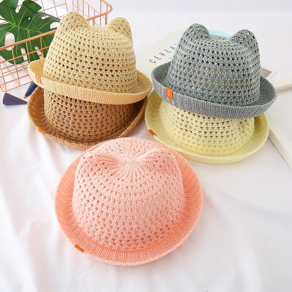 

cat ear basin new straw children's straw breathable sun hat outdoor play powder sun hat, Yellow