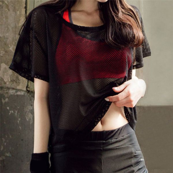 

yoga outfits women tank mesh shirt quick dry sport fitness running workout sportswear female exercises t-shirt gym clothes, White;red