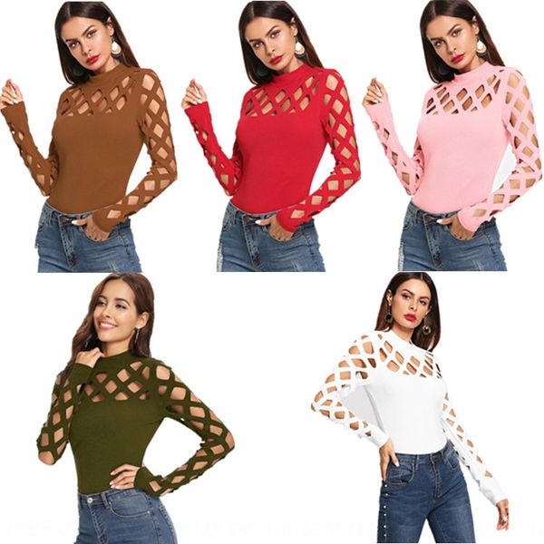 

2019 летом новые женская цветочная полые пальто t-рубашка coatwomen футболка с длинным рукавом сексуального сплошного цвета базового слоя, White