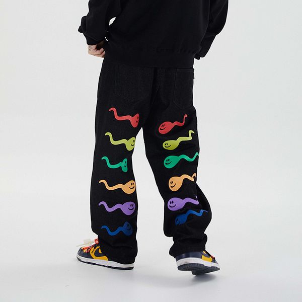 

men's jeans 2021 tadpole print large size straight graffiti couple trousers harajuku streetwear denim pants oversize casual, Blue