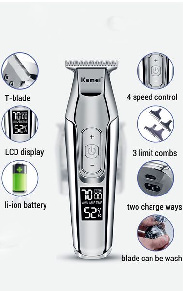 

kemei машинка для стрижки волос мужские борода жк-цифровой дисплей электробритвы мужские бритвы аккумуляторный стрижка машина 0mm напролом б