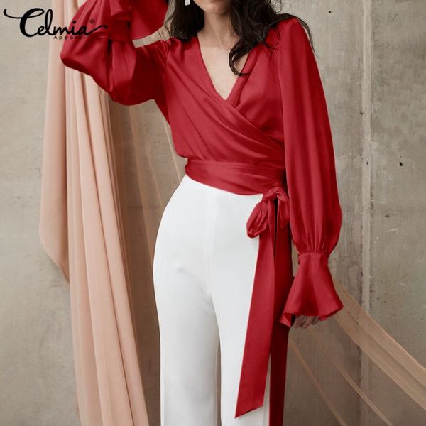 

celmia plus size fashion solid v-neck shirt women casual long flare sleeve satin blouse ladies elegant blusas female 7, White