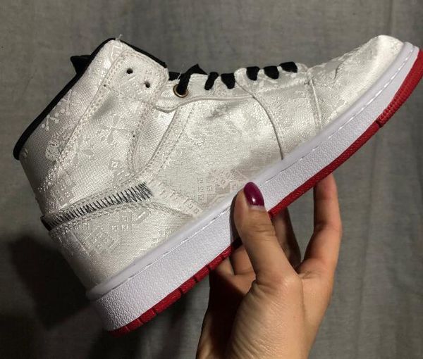 

new clot x 1 mid fearless white satin silk basketball shoes men 1s clot edison chen sports sneakers with box