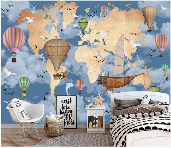 Individuelle Fototapeten für Wände 3D Wandtapete Cartoon Welt Dekor Karte Ballon Kinderraum Nachtschlafwand Hintergrund Wand Papier nach Hause