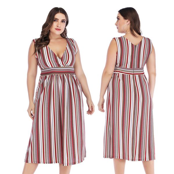 

bohemian fashiom women v-neck striped plus size tank dress casual loose summer ladies long dresses vestidos