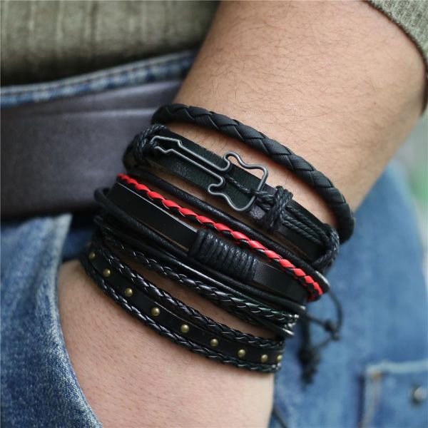 

guitar black feather star wing circle handmade charm brown bronze leather men bracelets women fashion bangle male jewelry, Golden;silver