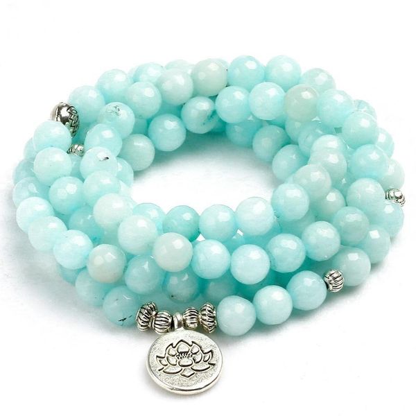 

8mm faced natural blue chalcedony 108 mala beads bracelet buddhist om charm bracelet for women handmade men bangle jewelry gift, Golden;silver