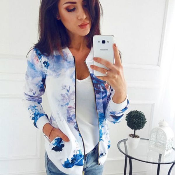 

plus size printed bomber jacket women pockets zipper long sleeve coat female flower chiffon white jacket woman spring 2019, Black;brown