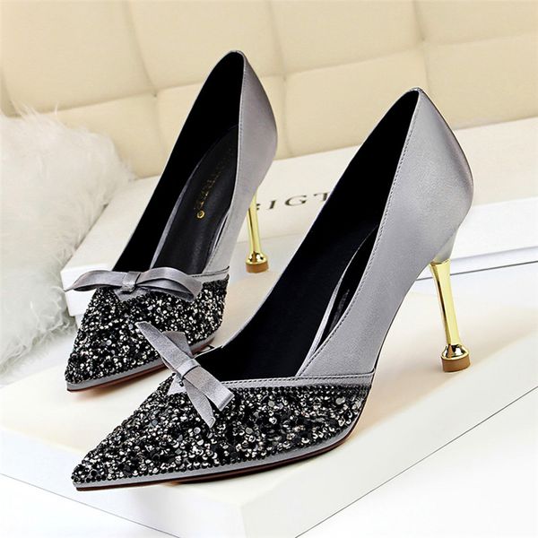 

bigtree pointe fashion bling metal heel women pumps silk shallow korean women's sweet small bowknot high heels shoes 10cm woman, Black