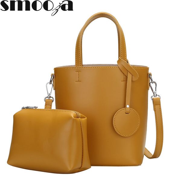 

smooza casual women handbags vintage tote bag solid color leather shoulder bags buckte bag female composite fashion hand