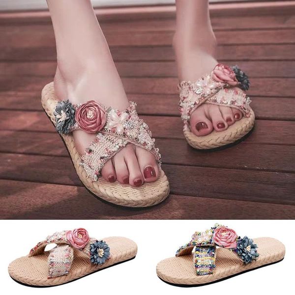 

women flower small fragrance wind slippers flat toe bohemian casual beach slipper fashion flax outdoor antiskid slipper, Black