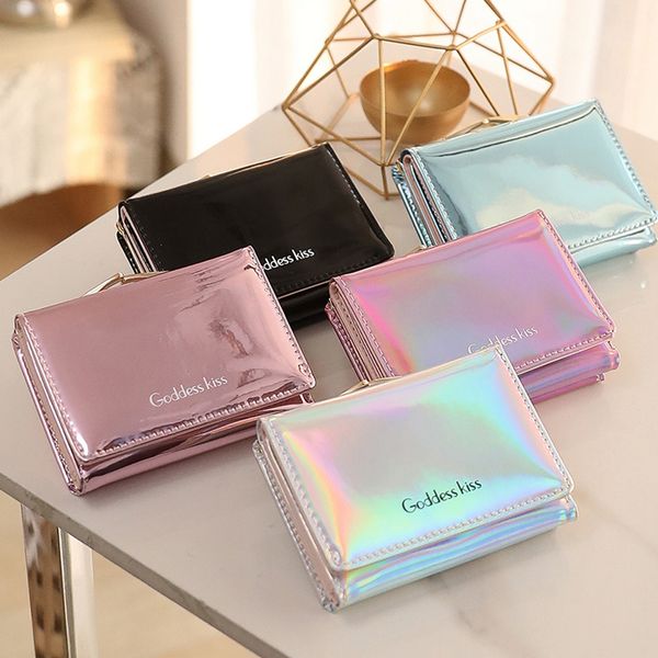 

small female purse short purse lady letter laser wallet short clutch solid women's shining wallet, Red;black