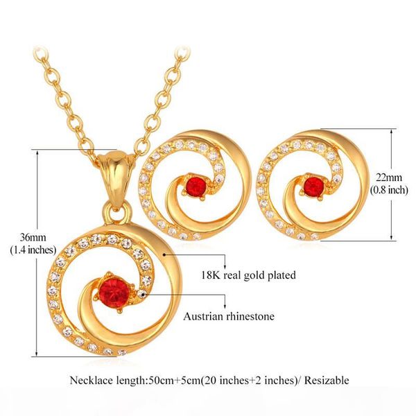 

red austrian rhinestone 18k real gold plated pendant necklace stud earrings for women jewelry set fashion jewellery, Silver