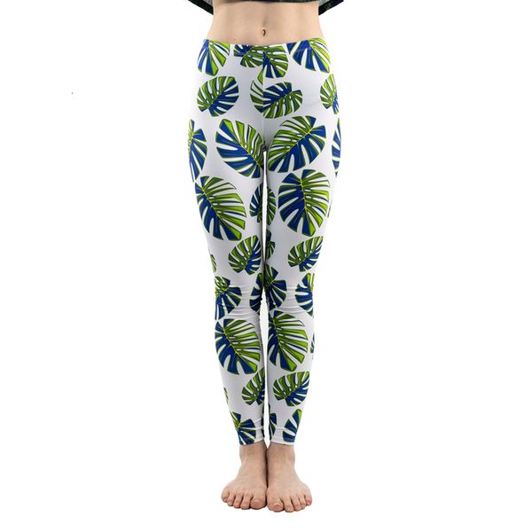 

fashion women trend green leaves pattern white leggings fitness slim bottoms workout ankle-length elasticity pants, Black