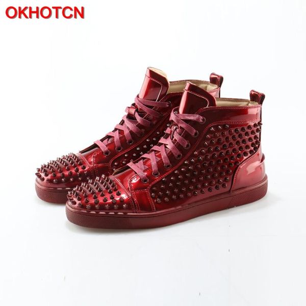 

okn 2020 new men casual shoes red patent leather spikes studded shoes high-end stars rivet loafers lace up zapatos hombre, Black