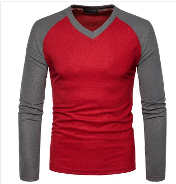 

2020 solid color tights v-neck fashion joint mixed colors western style plus-sized menswear t-shirt autumn and winter base cloth, White;black