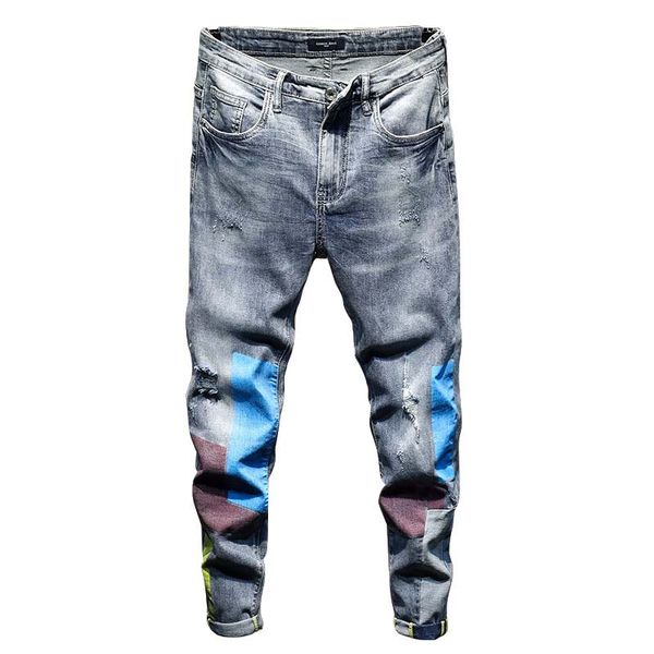 

men's jeans kiovno fashion ripped denim pants slim patchwork trousers for male, Blue