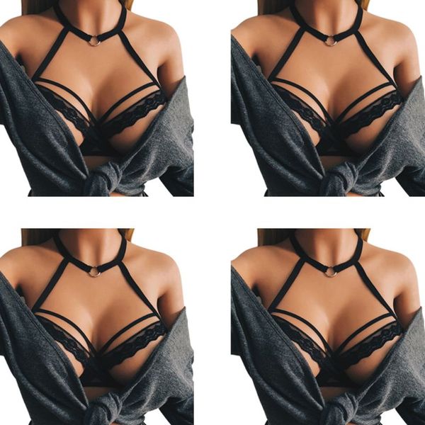 

womens cage halter v-neck lingerie bustier hollow open cup harness bra criss cross floral lace bandage underwear crop top, Black;white