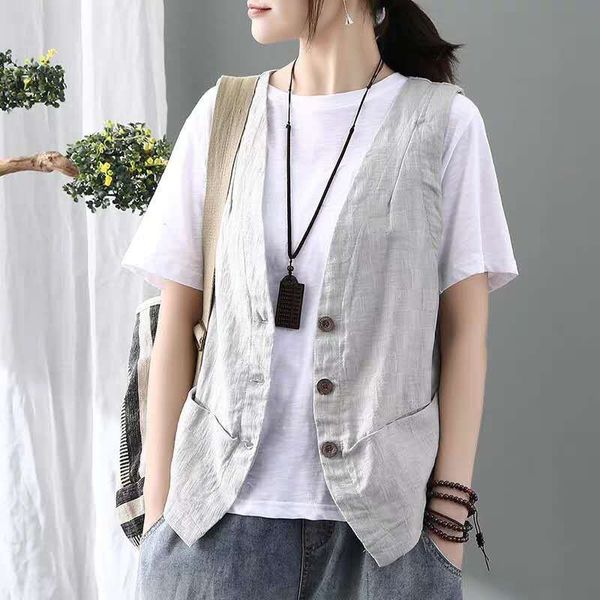 

2020 new cotton and cotton and linen vest women's all-match sleeveless waistcoat chinese casual linen vest cardigan, Black;white