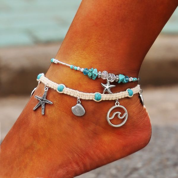 12 Stück Seil gewebte Wellen Muschel Seestern Vsco Fuß Fußkettchen Barfuß Armband Freundschaft Fußkettchen für Frauen Bohemian Beach Bein Schmuck Großhandel