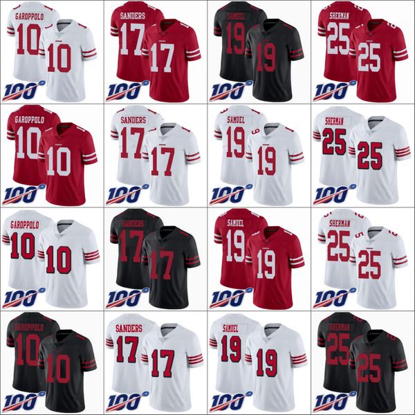 

san francisco 49ers men #10 jimmy garoppolo 17 emmanuel sanders 19 deebo samuel 25 sherman women youth nfl 100th limited jersey