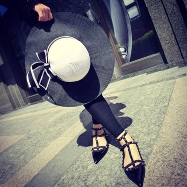 

hepburn xiaoxiang lady black-and-white female bowknot holiday tourism visor toque straw toque sunshade beach hat big eaves straw hat, Blue;gray