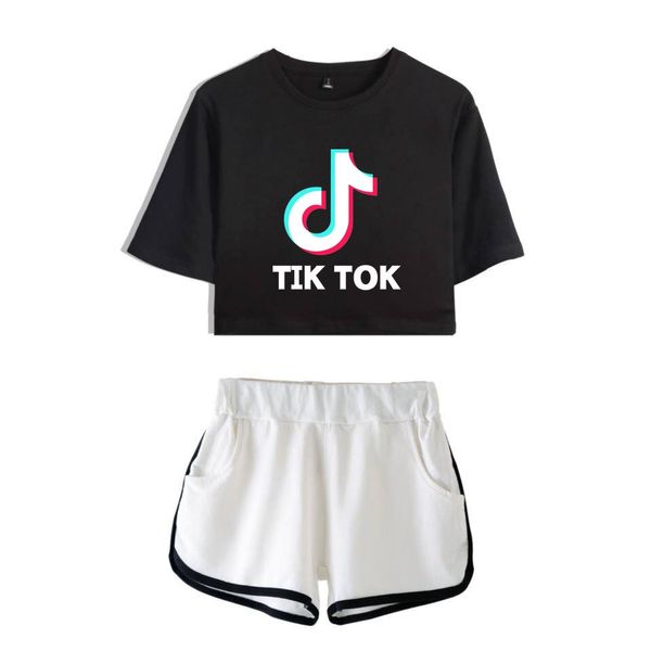 

ladies girls tik tok printed t-shirt music video app logo crop with shorts hip hop streetwear pyjama sets cotton short sleeve t-shirt, White