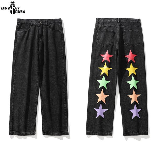 

lindsey seader jeans for men stars print denim jeans pants destroyed stretch slim fit hop hop pants loose fit denim jean pant, Blue